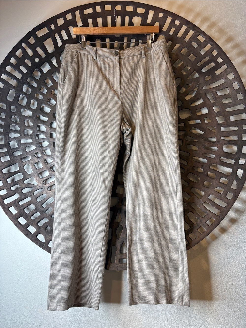 🩶🤎 Beige Blue Houndstooth Straight-Leg Dress Pants 14 Lined L.L.Bean 🩶🤎